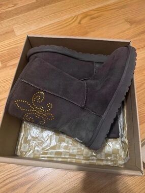 UGG Dark Brown Suede Short Boots with Studded Floral Accent